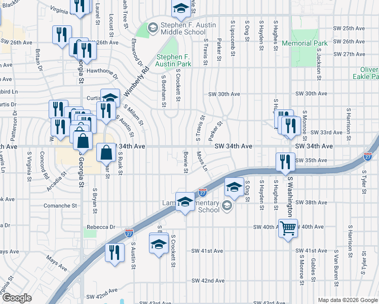 map of restaurants, bars, coffee shops, grocery stores, and more near 3400-3498 Bowie Street in Amarillo