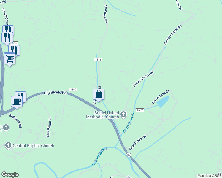 map of restaurants, bars, coffee shops, grocery stores, and more near 210 Snapfinger Hills Rd in Franklin