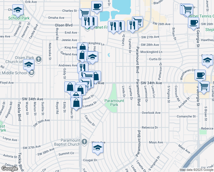 map of restaurants, bars, coffee shops, grocery stores, and more near 3403 Lometa Drive in Amarillo