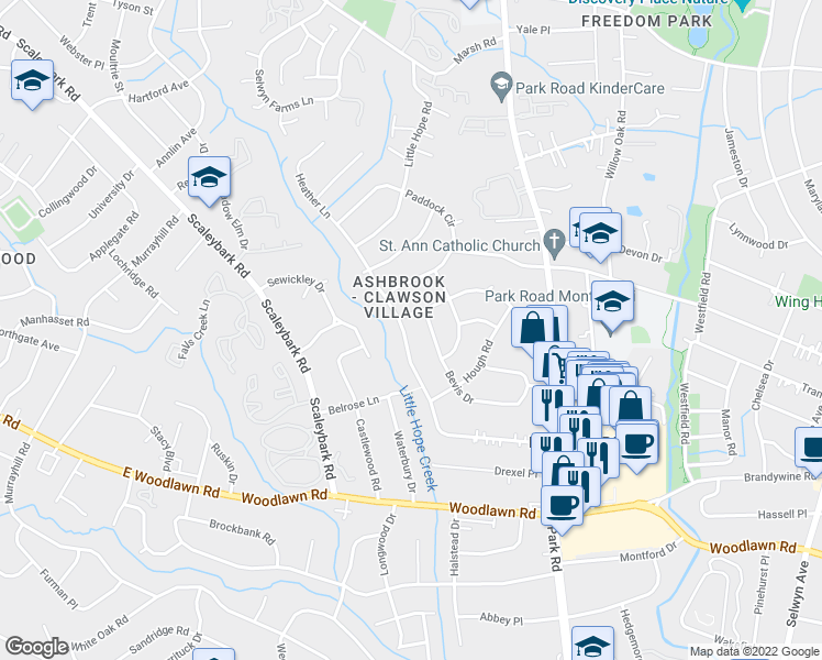 map of restaurants, bars, coffee shops, grocery stores, and more near 1013 Heather Lane in Charlotte