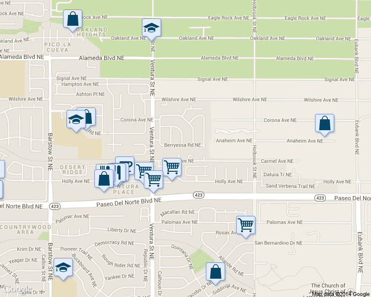 map of restaurants, bars, coffee shops, grocery stores, and more near 9124 Berryessa Road Northeast in Albuquerque