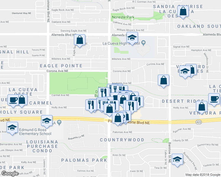 map of restaurants, bars, coffee shops, grocery stores, and more near 5700 Pasadena Northeast in Albuquerque