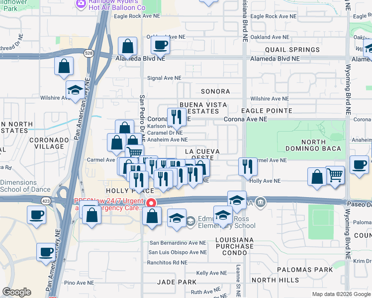 map of restaurants, bars, coffee shops, grocery stores, and more near 6500 Sonrisa Place Northeast in Albuquerque