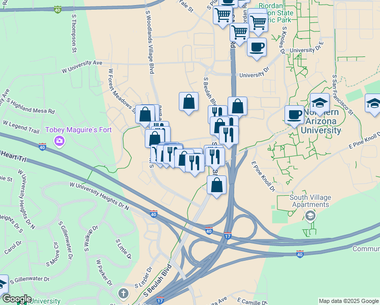 map of restaurants, bars, coffee shops, grocery stores, and more near 555 West Forest Meadows Street in Flagstaff