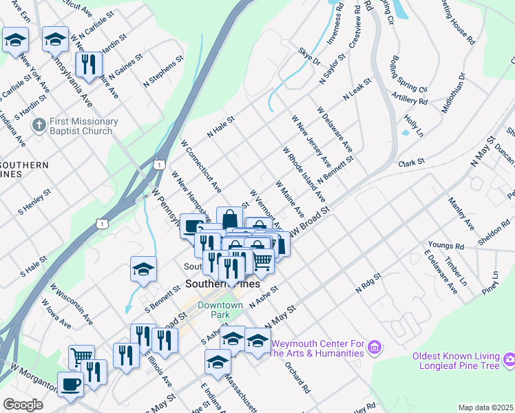 map of restaurants, bars, coffee shops, grocery stores, and more near 280 Champions Ridge Drive in Southern Pines
