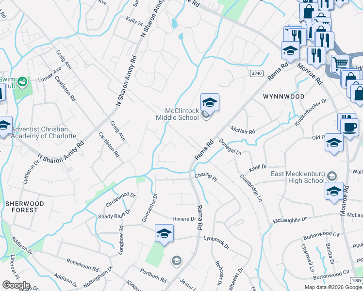 map of restaurants, bars, coffee shops, grocery stores, and more near 6000 Doncaster Drive in Charlotte