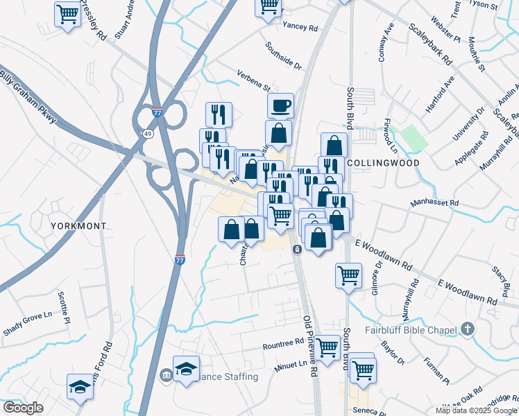 map of restaurants, bars, coffee shops, grocery stores, and more near 200 E Woodlawn Rd in Charlotte