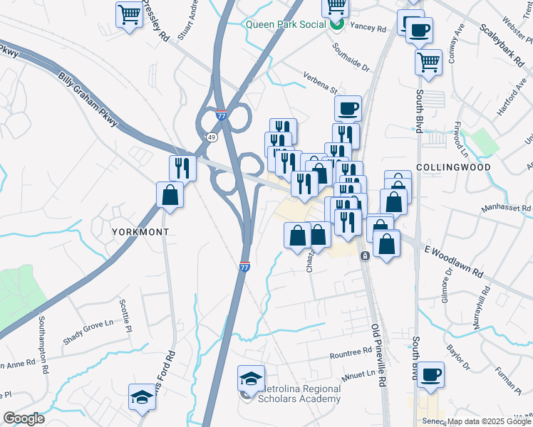 map of restaurants, bars, coffee shops, grocery stores, and more near 5019 Nations Crossing Road in Charlotte