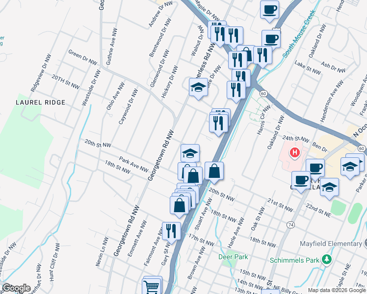 map of restaurants, bars, coffee shops, grocery stores, and more near 2020 Eugenia Avenue Northwest in Cleveland
