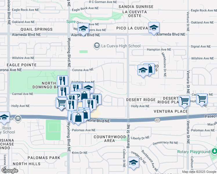 map of restaurants, bars, coffee shops, grocery stores, and more near 8321 Wilson Hurley Court Northeast in Albuquerque