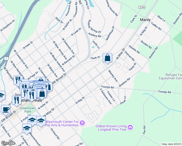 map of restaurants, bars, coffee shops, grocery stores, and more near 255 East Delaware Avenue in Southern Pines