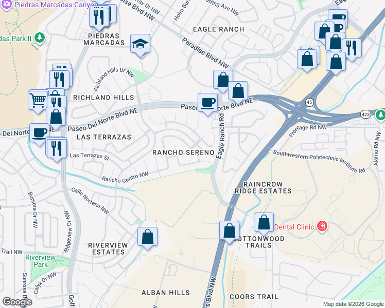 map of restaurants, bars, coffee shops, grocery stores, and more near 8115 Rancho Paraiso Northwest in Albuquerque