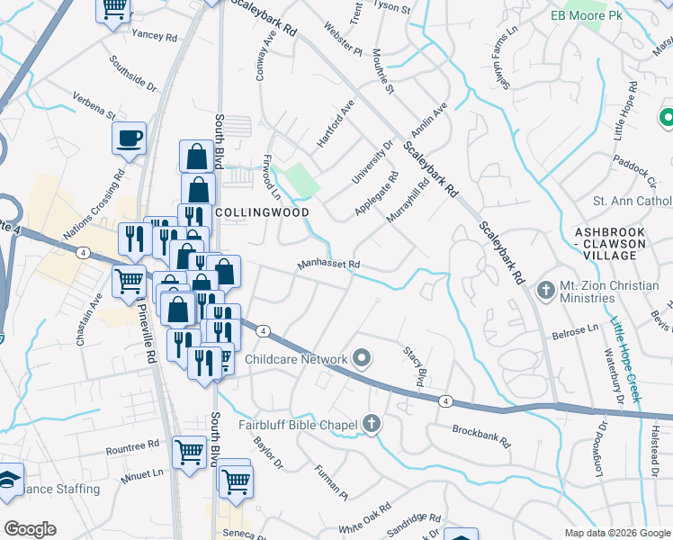 map of restaurants, bars, coffee shops, grocery stores, and more near 664 Manhasset Road in Charlotte