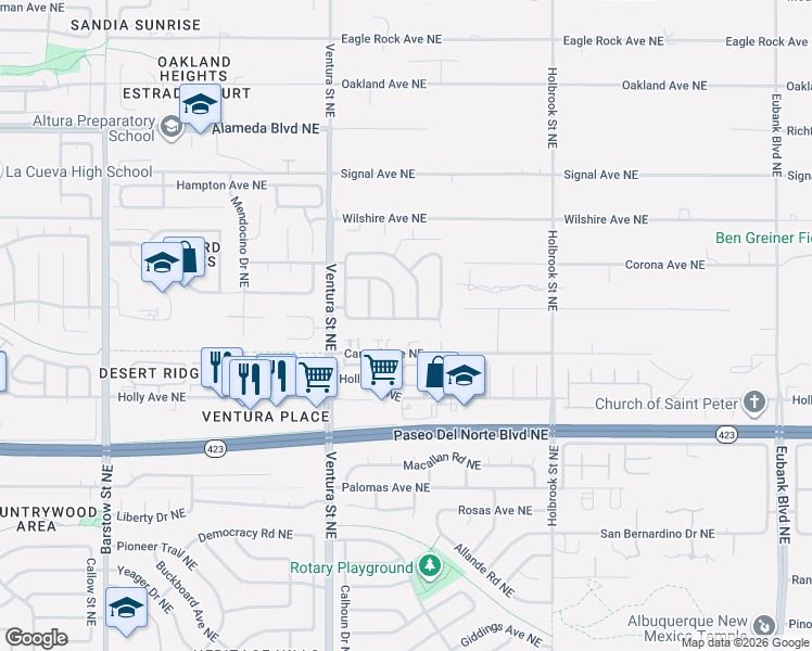 map of restaurants, bars, coffee shops, grocery stores, and more near 9124 Berryessa Road Northeast in Albuquerque