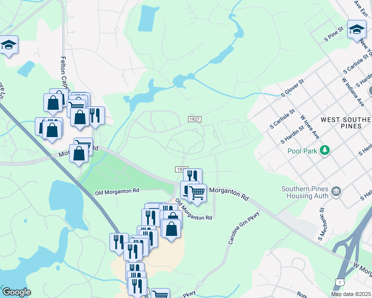 map of restaurants, bars, coffee shops, grocery stores, and more near 500 Legends drive in Southern Pines