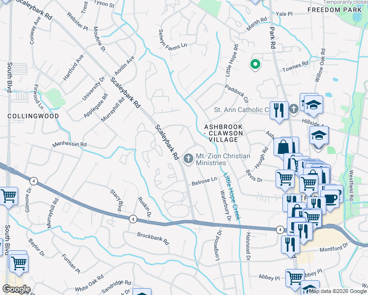 map of restaurants, bars, coffee shops, grocery stores, and more near 1023 Broadmoor Drive in Charlotte