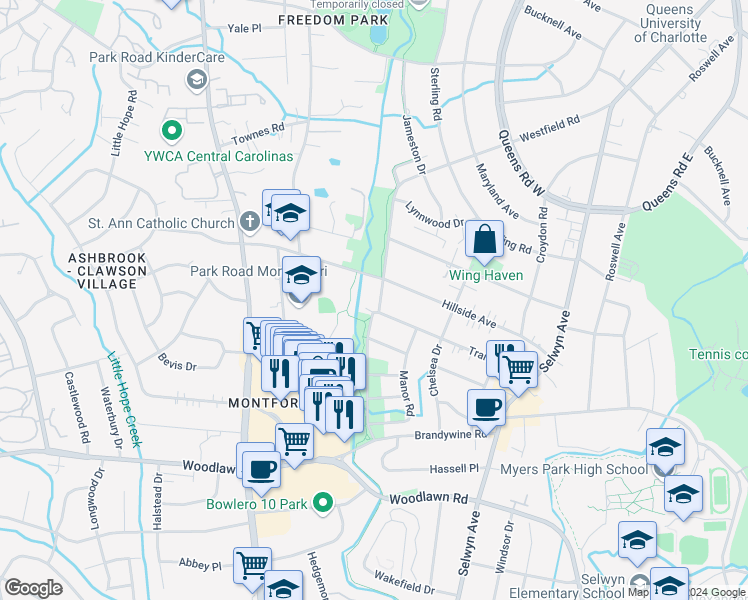 map of restaurants, bars, coffee shops, grocery stores, and more near 3126 Westfield Road in Charlotte