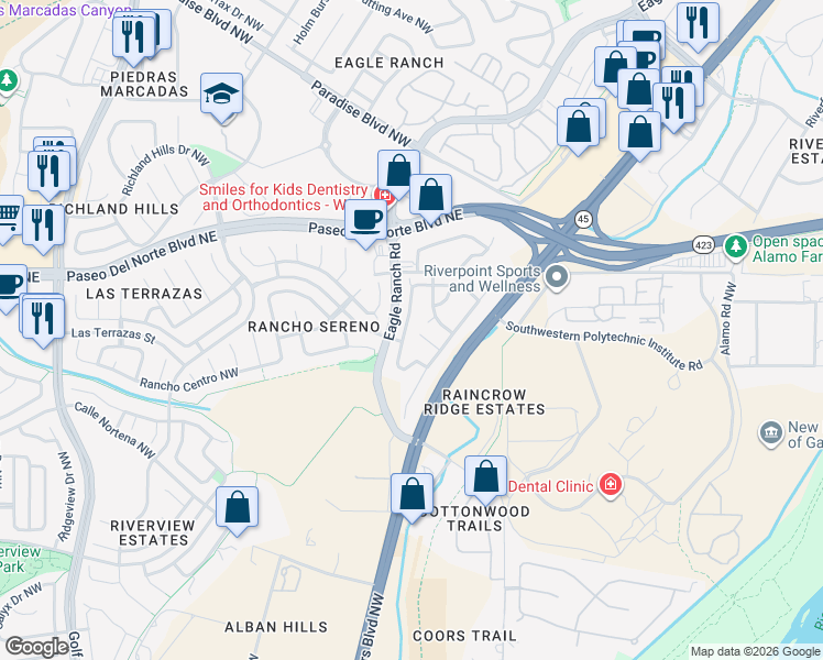 map of restaurants, bars, coffee shops, grocery stores, and more near 8200 Sleeping Bear Drive Northwest in Albuquerque