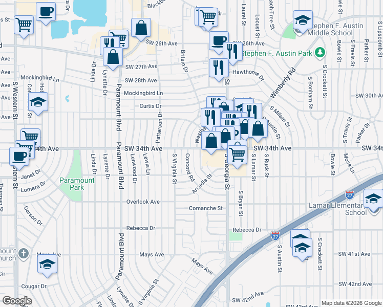 map of restaurants, bars, coffee shops, grocery stores, and more near 3403 Concord Road in Amarillo