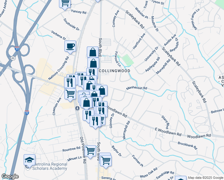 map of restaurants, bars, coffee shops, grocery stores, and more near 4600 Connecting Road in Charlotte