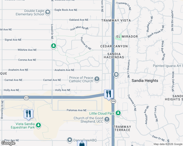 map of restaurants, bars, coffee shops, grocery stores, and more near 12410 Anaheim Avenue Northeast in Albuquerque
