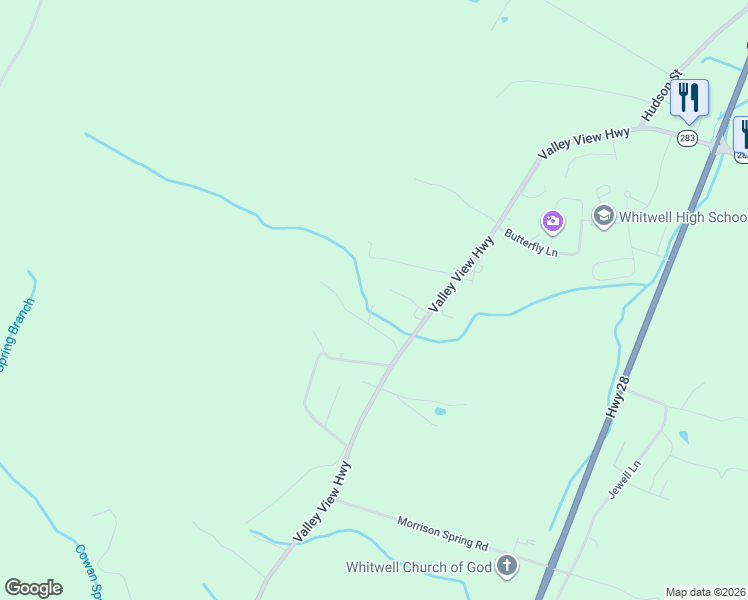 map of restaurants, bars, coffee shops, grocery stores, and more near 280 Hillside Road in Whitwell