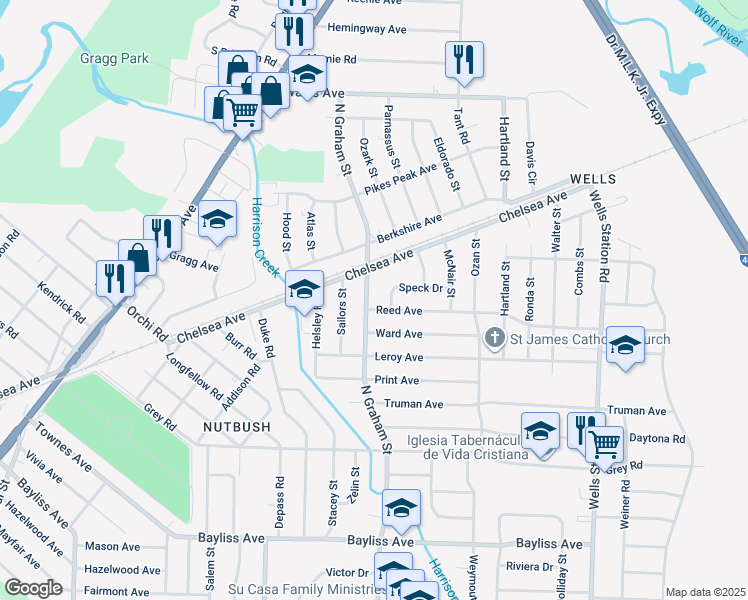 map of restaurants, bars, coffee shops, grocery stores, and more near 1696 North Graham Street in Memphis