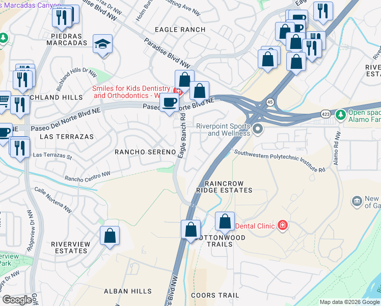 map of restaurants, bars, coffee shops, grocery stores, and more near 8200 Sleeping Bear Drive Northwest in Albuquerque