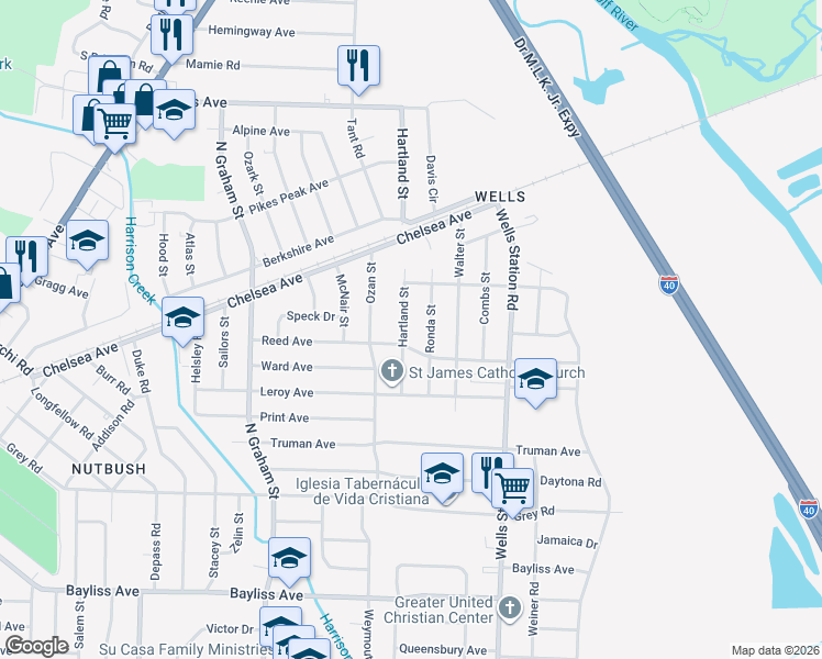 map of restaurants, bars, coffee shops, grocery stores, and more near 1692 Hartland Street in Memphis