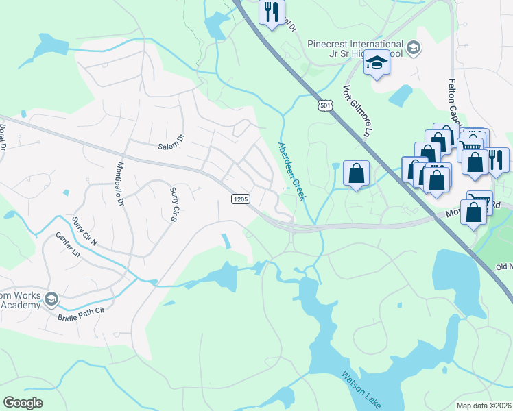 map of restaurants, bars, coffee shops, grocery stores, and more near 124 Racquet Lane in Pinehurst