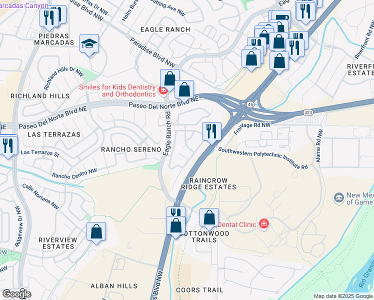 map of restaurants, bars, coffee shops, grocery stores, and more near 8211 Wolverine Drive Northwest in Albuquerque