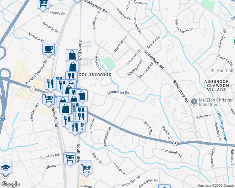 map of restaurants, bars, coffee shops, grocery stores, and more near 628 Manhasset Road in Charlotte