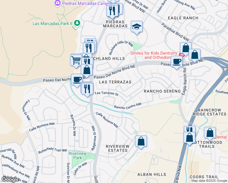 map of restaurants, bars, coffee shops, grocery stores, and more near 4336 La Paloma Road Northwest in Albuquerque