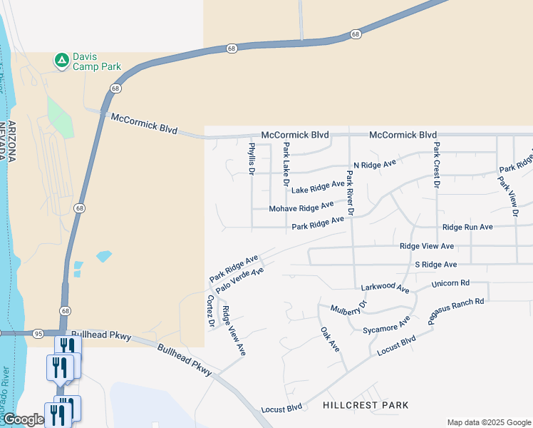 map of restaurants, bars, coffee shops, grocery stores, and more near 2388 Mohave Ridge Ave in Bullhead City