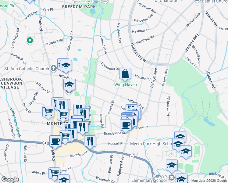 map of restaurants, bars, coffee shops, grocery stores, and more near 306 Hillside Avenue in Charlotte