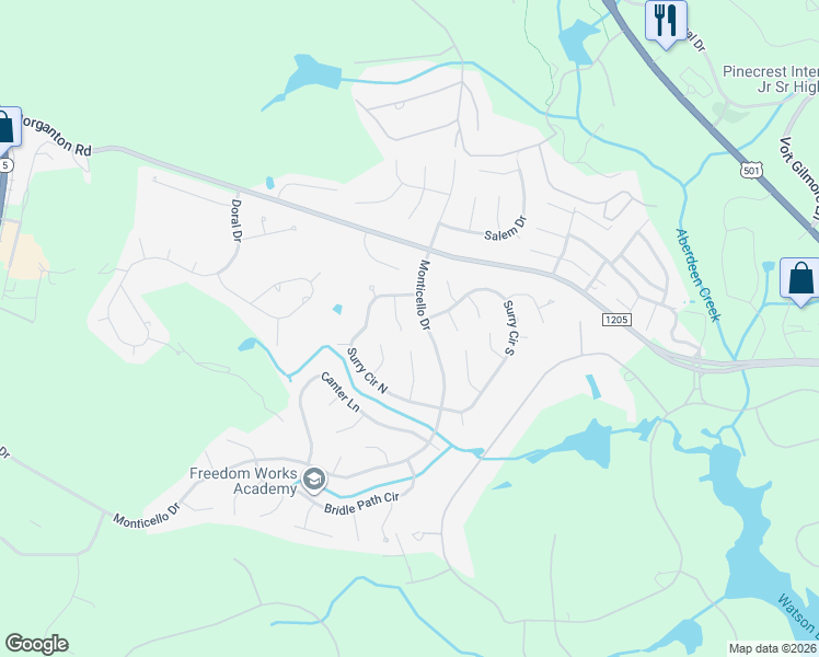 map of restaurants, bars, coffee shops, grocery stores, and more near 6 Surry Lane in Pinehurst