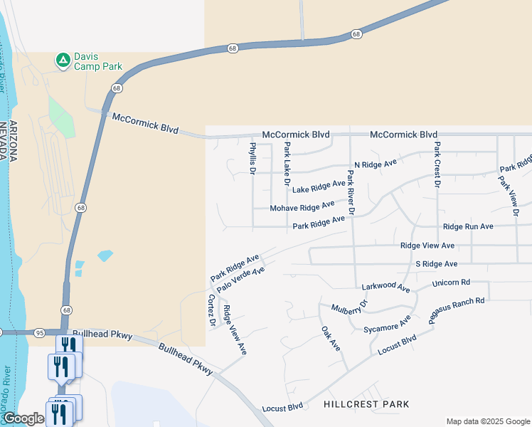 map of restaurants, bars, coffee shops, grocery stores, and more near 2388 Mohave Ridge Avenue in Bullhead City