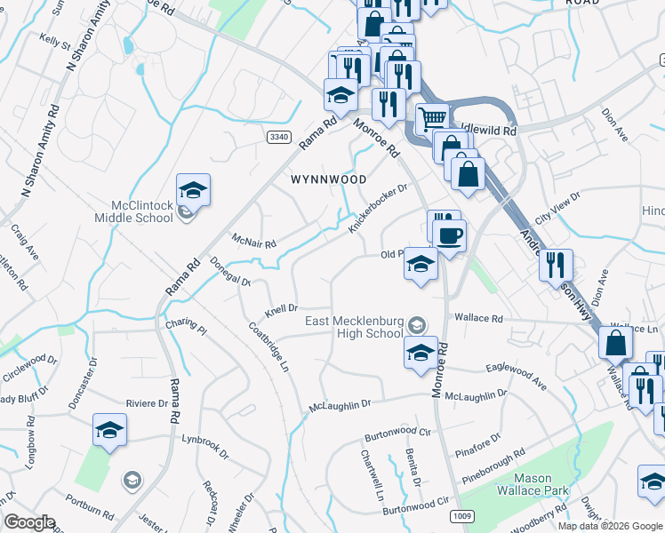 map of restaurants, bars, coffee shops, grocery stores, and more near 6626 Old Post Road in Charlotte