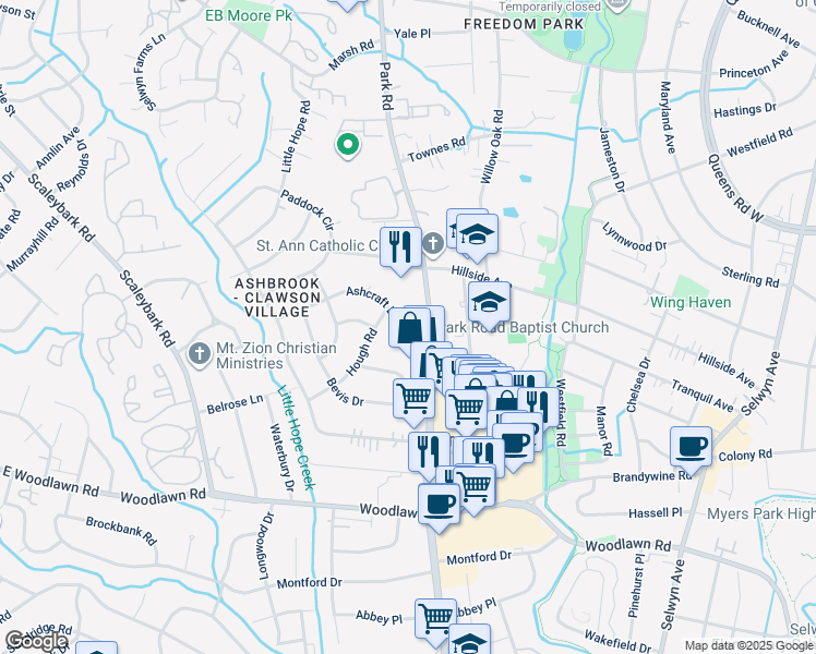 map of restaurants, bars, coffee shops, grocery stores, and more near 1449 Ashcraft Lane in Charlotte