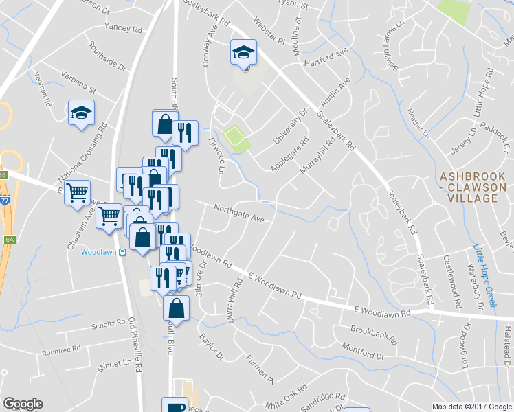 map of restaurants, bars, coffee shops, grocery stores, and more near 628 Manhasset Road in Charlotte