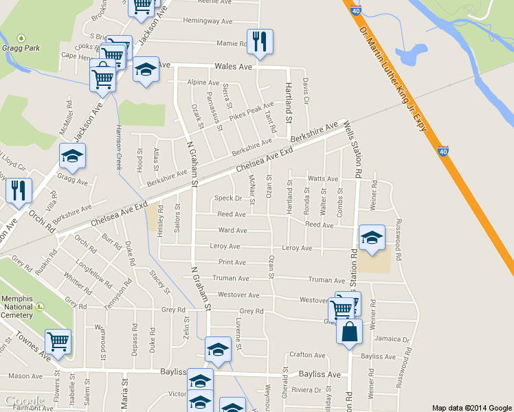 map of restaurants, bars, coffee shops, grocery stores, and more near 1700 McNair Street in Memphis