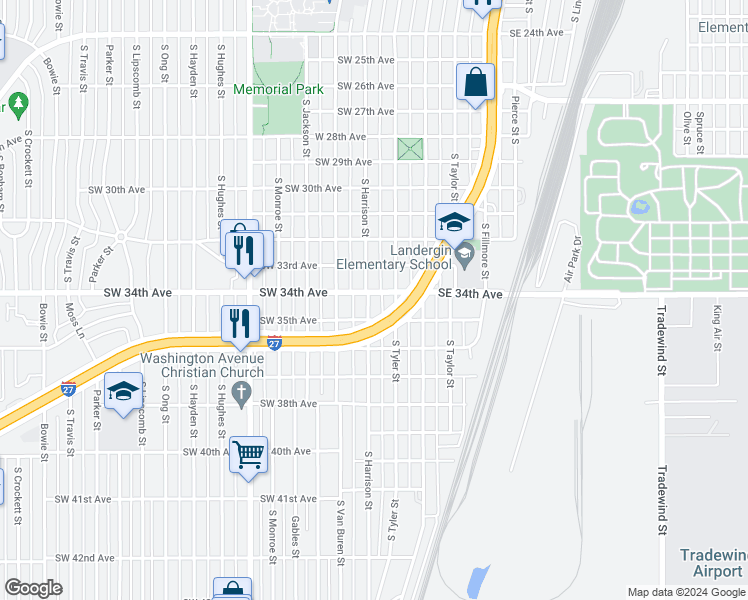 map of restaurants, bars, coffee shops, grocery stores, and more near 3403 South Harrison Street in Amarillo