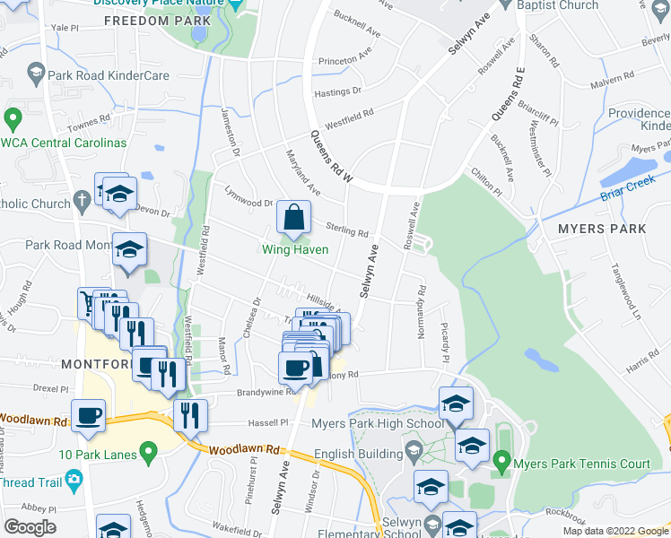 map of restaurants, bars, coffee shops, grocery stores, and more near Croydon Rd & Ridgewood Ave in Charlotte