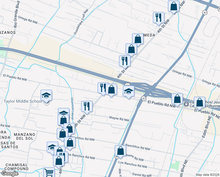 map of restaurants, bars, coffee shops, grocery stores, and more near 301 El Pueblo Road Northwest in Los Ranchos de Albuquerque