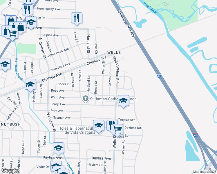 map of restaurants, bars, coffee shops, grocery stores, and more near 1689 Combs Street in Memphis