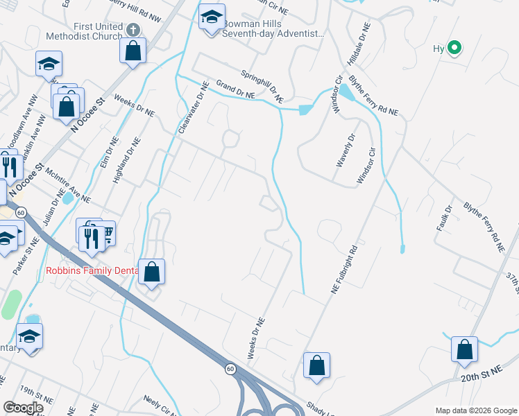 map of restaurants, bars, coffee shops, grocery stores, and more near 1734 Weeks Crest Circle Northeast in Cleveland