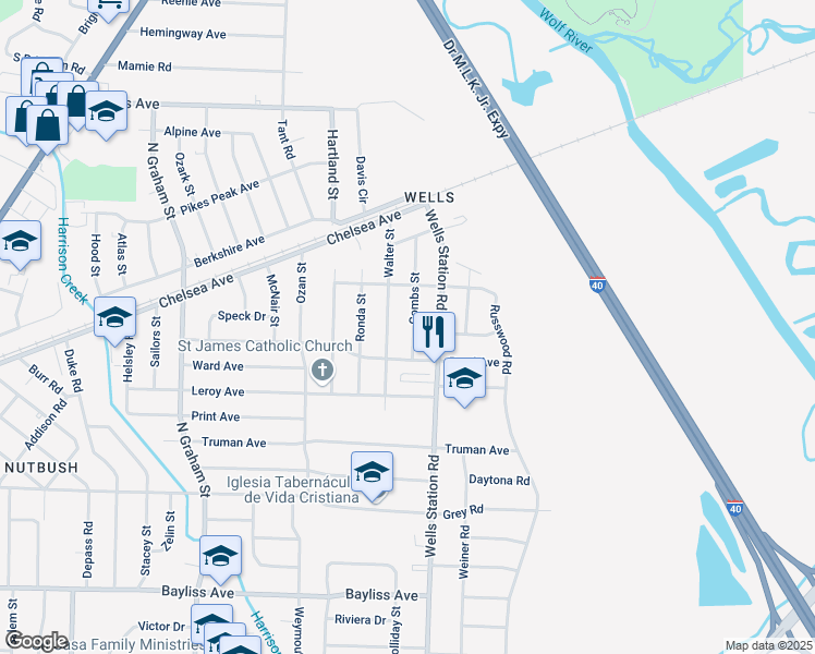 map of restaurants, bars, coffee shops, grocery stores, and more near 1689 Combs Street in Memphis