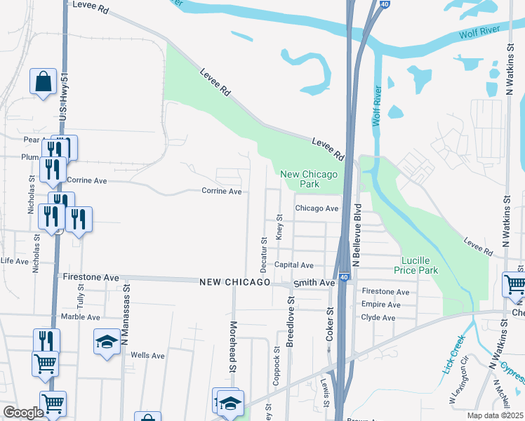 map of restaurants, bars, coffee shops, grocery stores, and more near 996 Firestone Avenue in Memphis