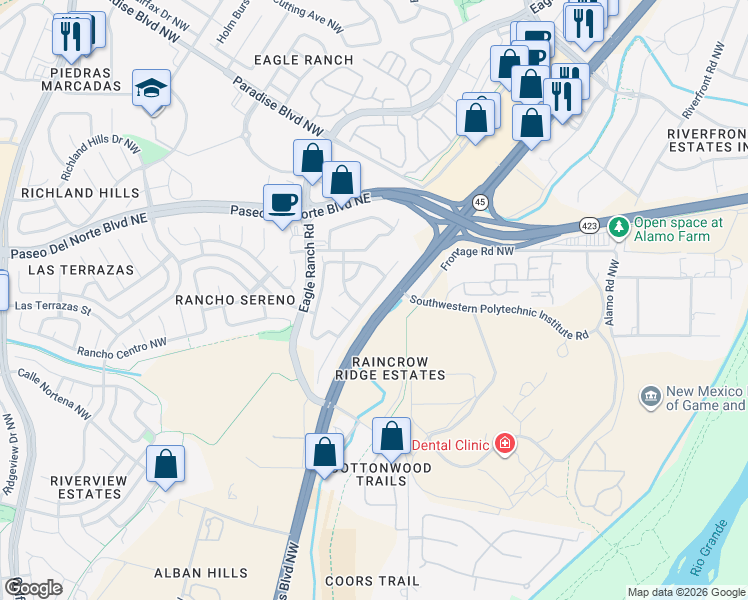 map of restaurants, bars, coffee shops, grocery stores, and more near 8201 Bluffs Edge Place Northwest in Albuquerque