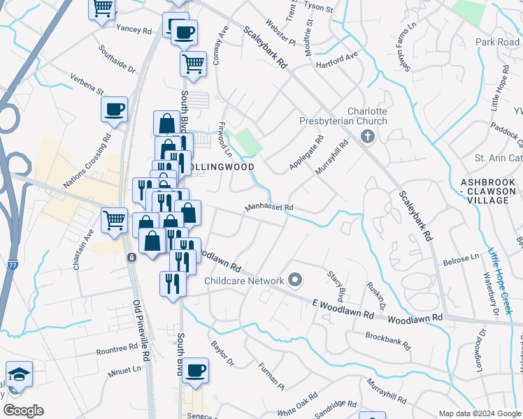 map of restaurants, bars, coffee shops, grocery stores, and more near 628 Manhasset Road in Charlotte